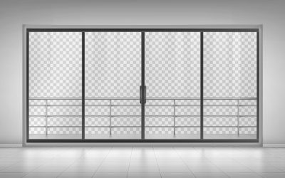 Glass window door with balcony railings mock up Glass window door with balcony railings and closed doors isolated on transparent background. Empty room with tiled floor, hotel apartment, mall, office interior design, Realistic 3d vector mock up